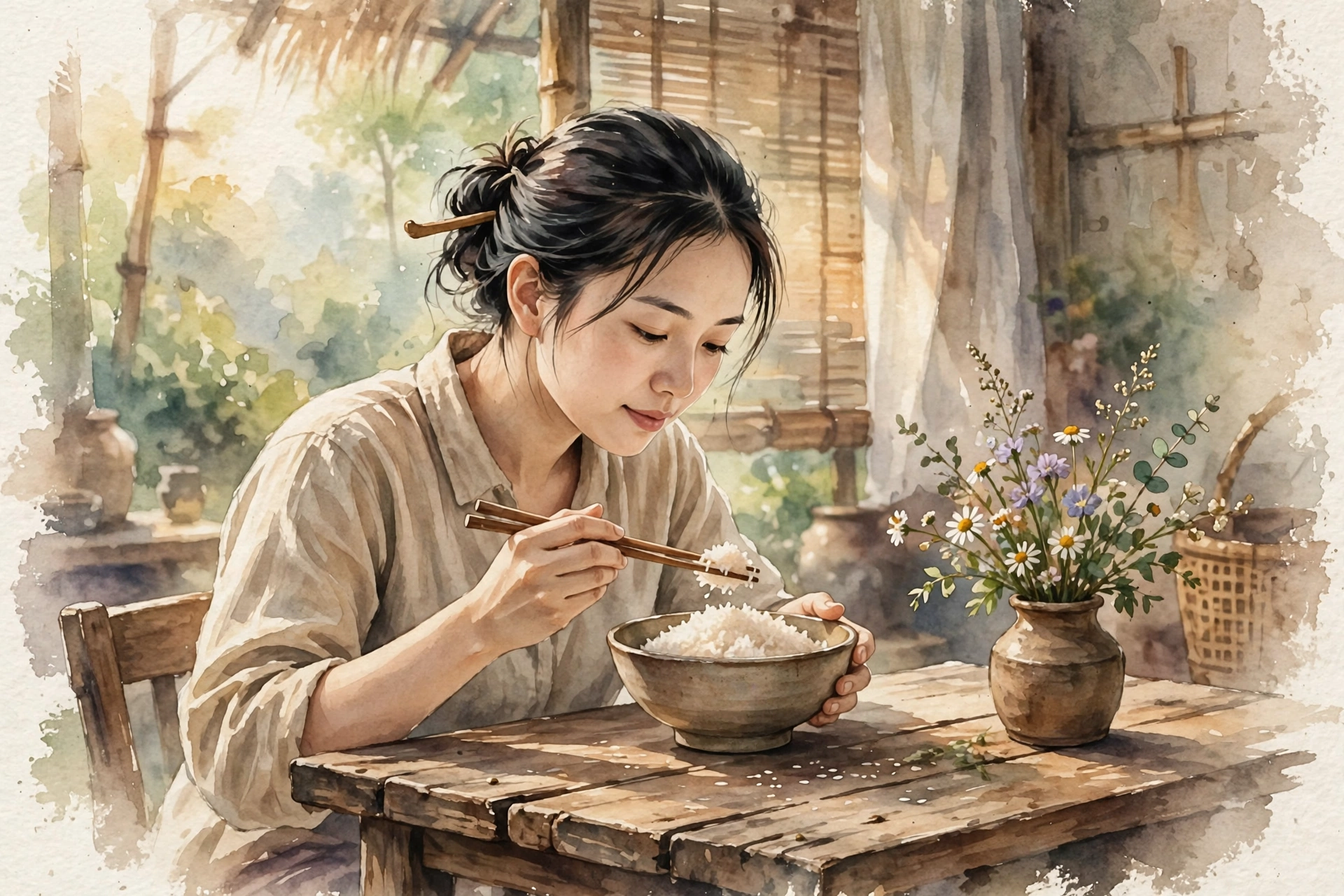 Người phụ nữ ăn cơm chánh niệm bên bàn gỗ trong nắng sớm trong tranh màu nước — minh họa bài viết