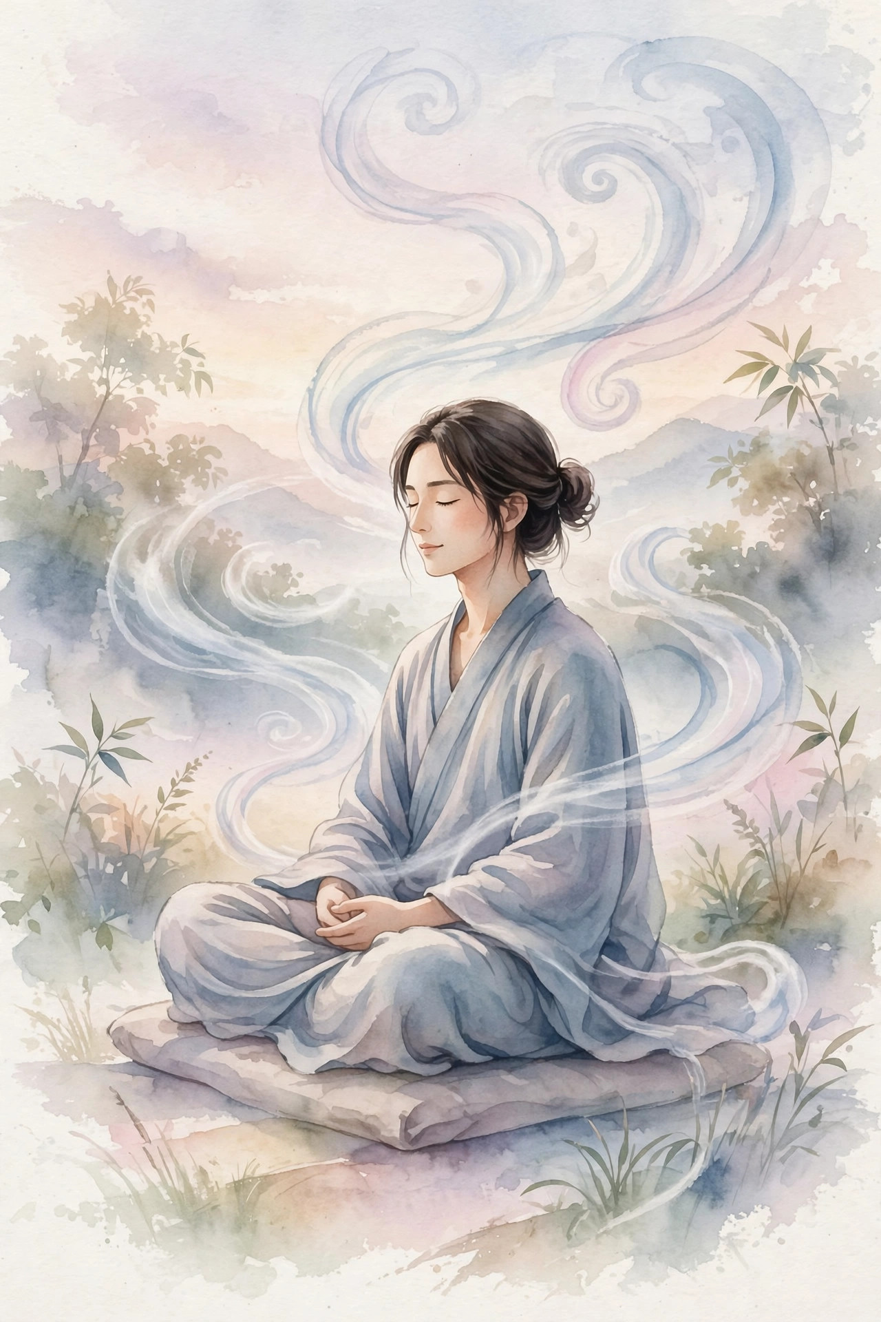 Người ngồi thiền tĩnh lặng với luồng khí nhẹ nhàng xung quanh trong tranh màu nước — minh họa bài viết về quán chiếu hơi thở