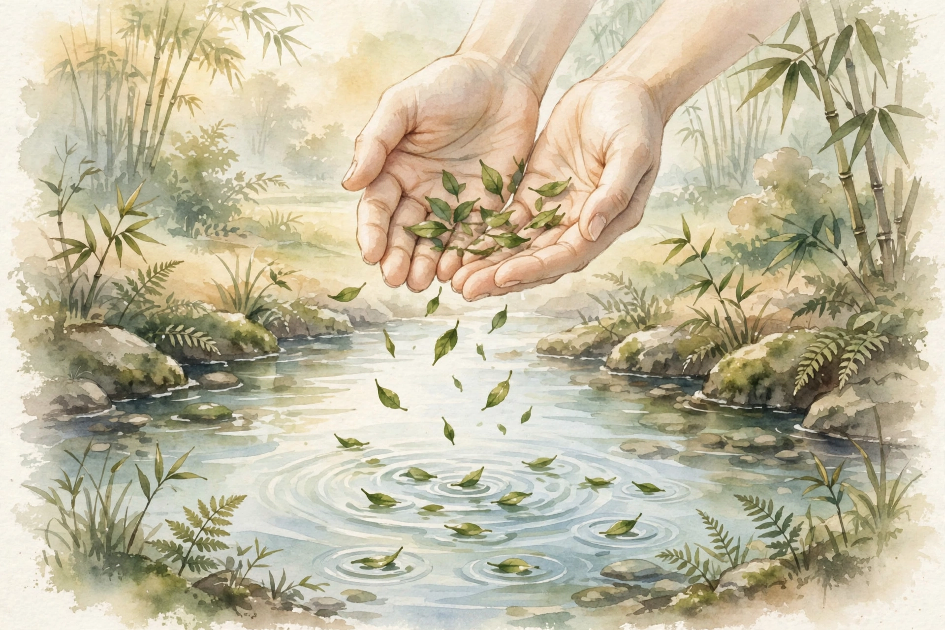 Đôi bàn tay nhẹ nhàng thả những chiếc lá xuống dòng suối yên — minh họa trắc nghiệm Nhận diện nỗi lo