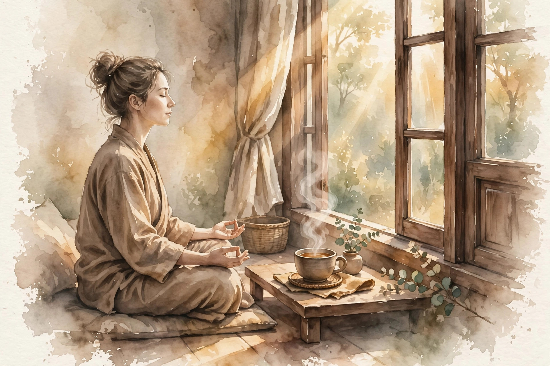 Minh họa: ngồi thiền yên bình bên cửa sổ buổi sớm