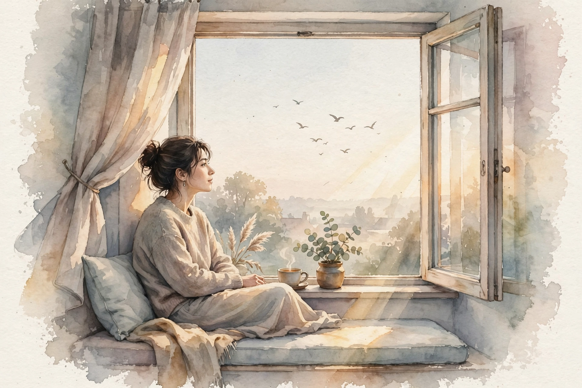 Người ngồi yên bên khung cửa sổ đón bình minh trong tranh màu nước — minh họa bài viết Thay vì sợ