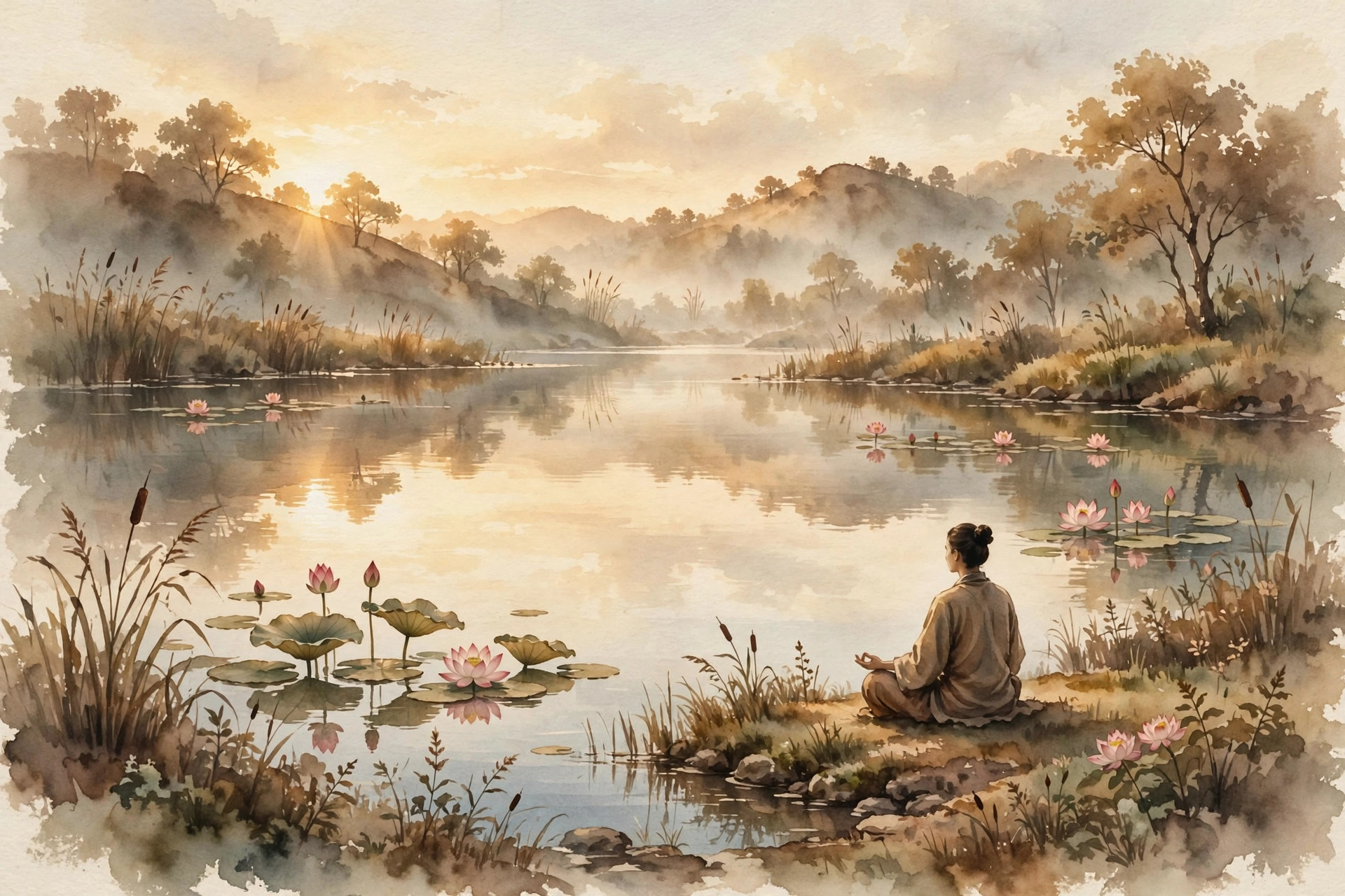 Người ngồi thiền tĩnh lặng bên hồ sen lúc bình minh trong tranh màu nước — minh họa bài dẫn nhập chuyên mục Tâm Tỉnh Thức