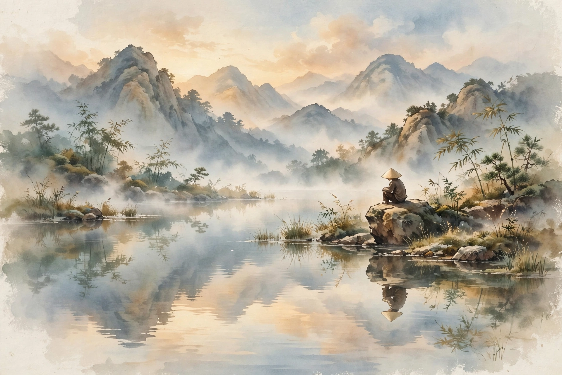Người đội nón lá ngồi bên hồ núi lặng ngắm bóng mình trong tranh màu nước — minh họa bài thơ Tôi là ai