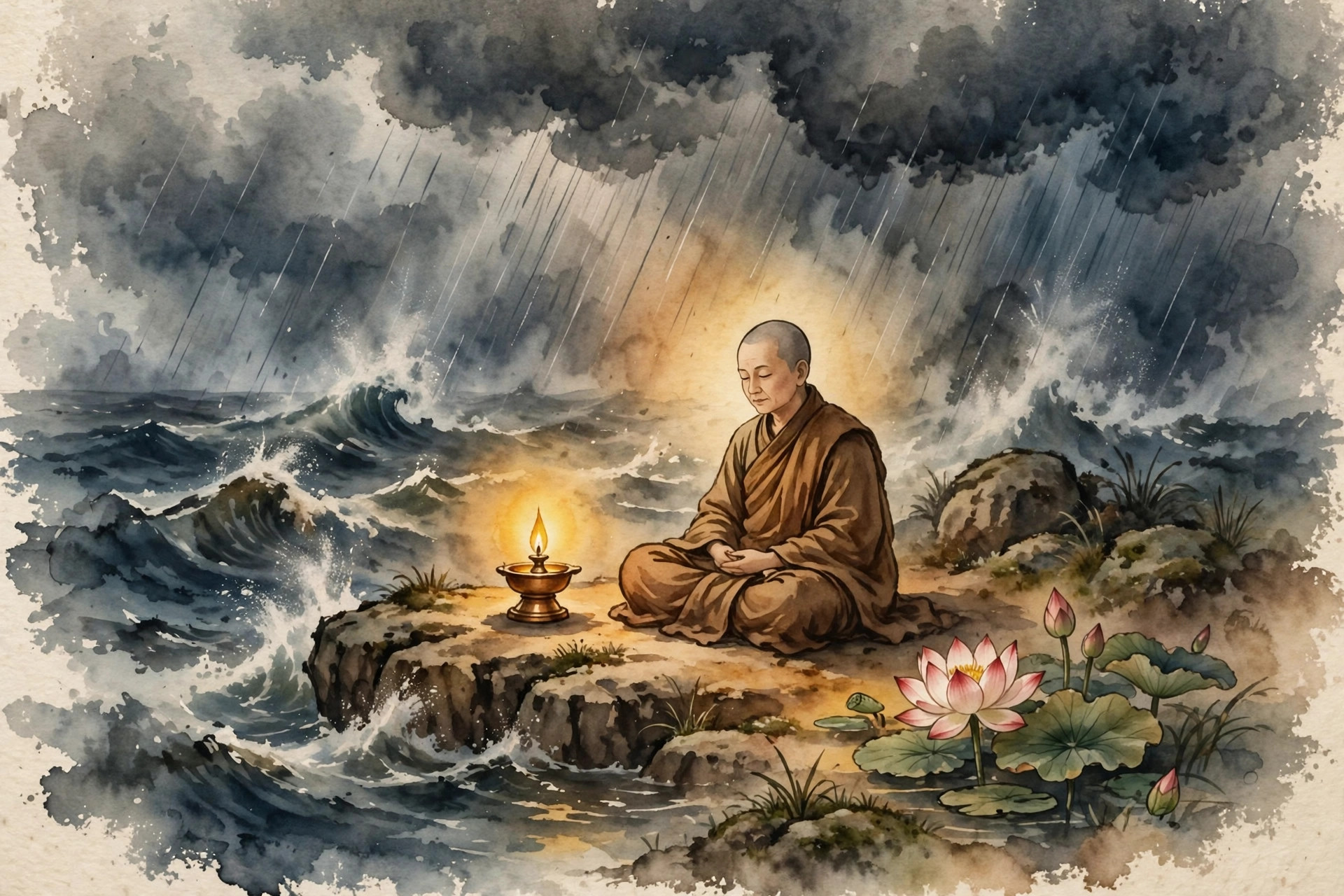 Vị hành giả ngồi vững chãi bên ngọn đèn dầu giữa bão tố trong tranh màu nước — minh họa bài tự lực và chánh niệm
