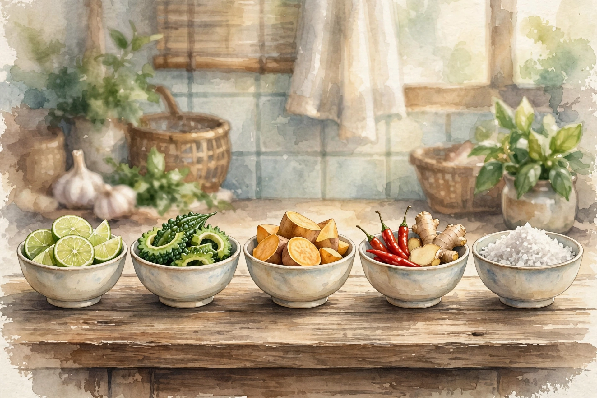 Năm bát sứ nhỏ đựng chanh, khổ qua, khoai lang, ớt gừng và muối biển trong tranh màu nước — minh họa bài viết