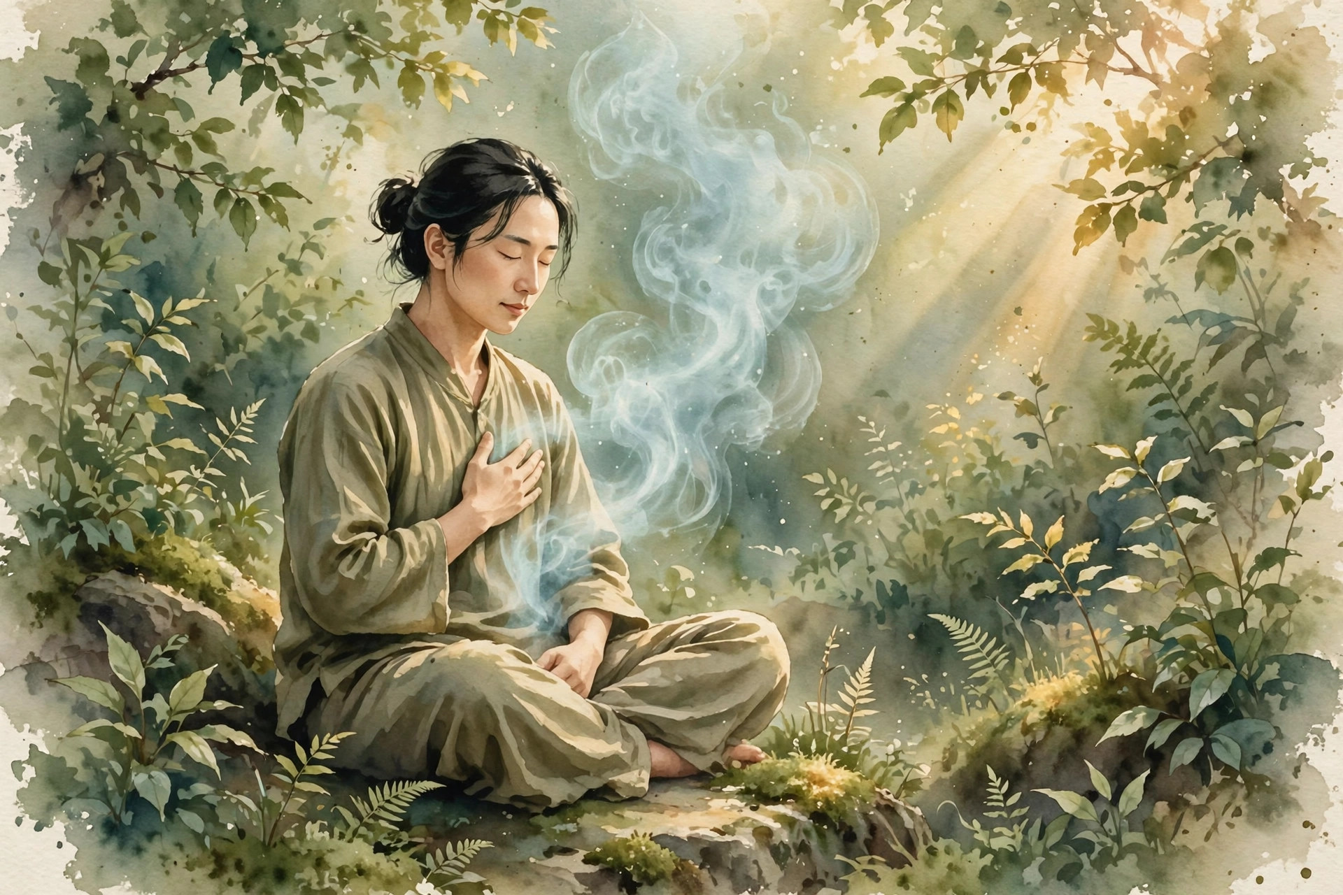 Người ngồi tĩnh lặng lắng nghe hơi thở hiện lên như làn sương trong tranh màu nước — minh họa bài viết về hơi thở