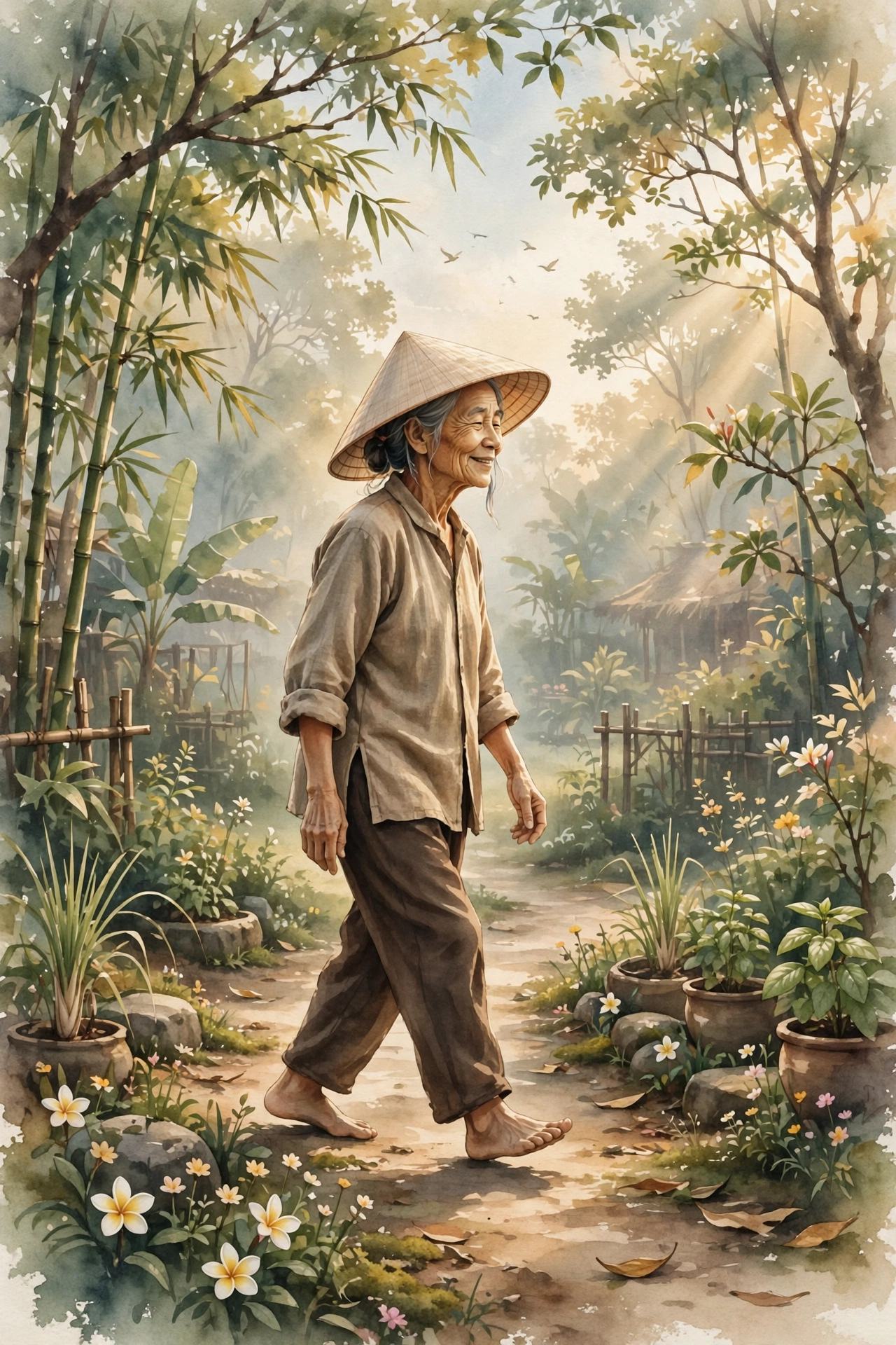Cụ bà đội nón lá đi bộ thong thả trong vườn lúc bình minh trong tranh màu nước — minh họa bài viết về vận động